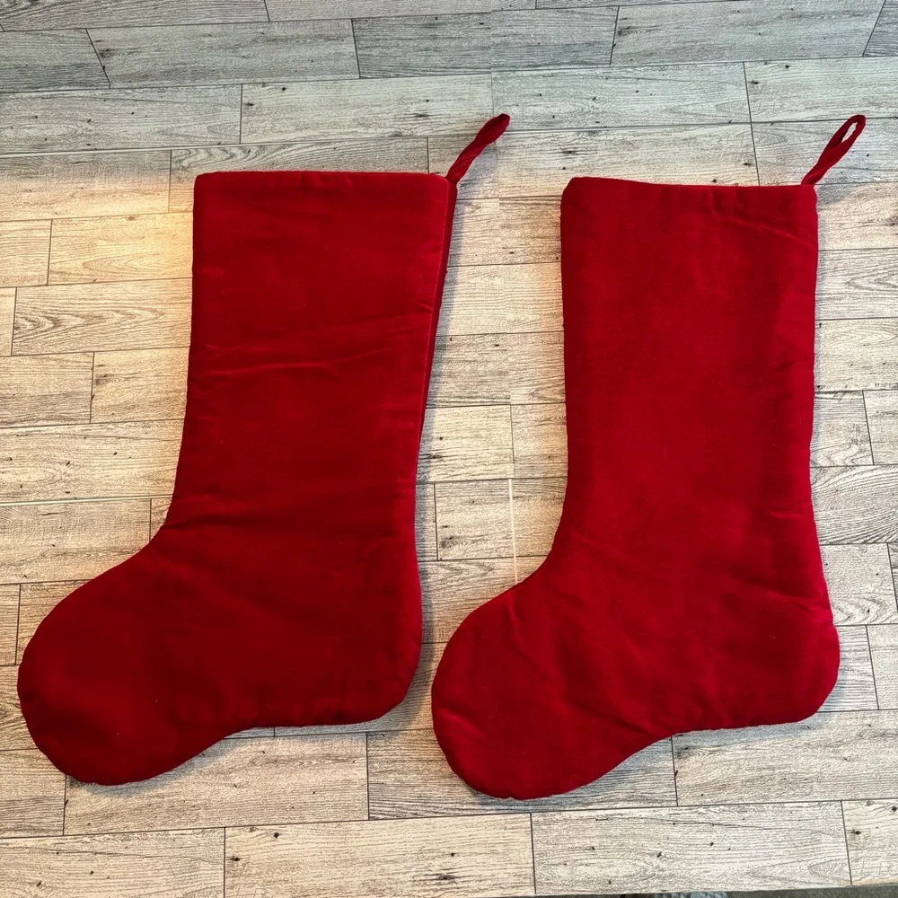 Festive Red velvet Holiday Stockings with Green Holly embroidered Design set 2